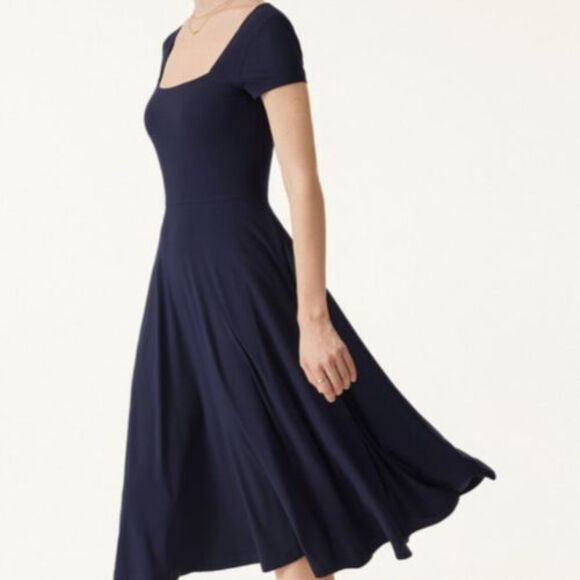 OGL Eco SkinKiss Navy Flowy Square Neck Short Sleeve Midi Brami Dress Sz Medium - Picture 1 of 11